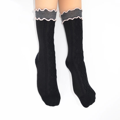 Alice Cable Knit Lettuce Quarter Crew - Black