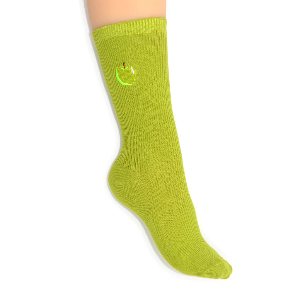 Green sock with a logo on a white background