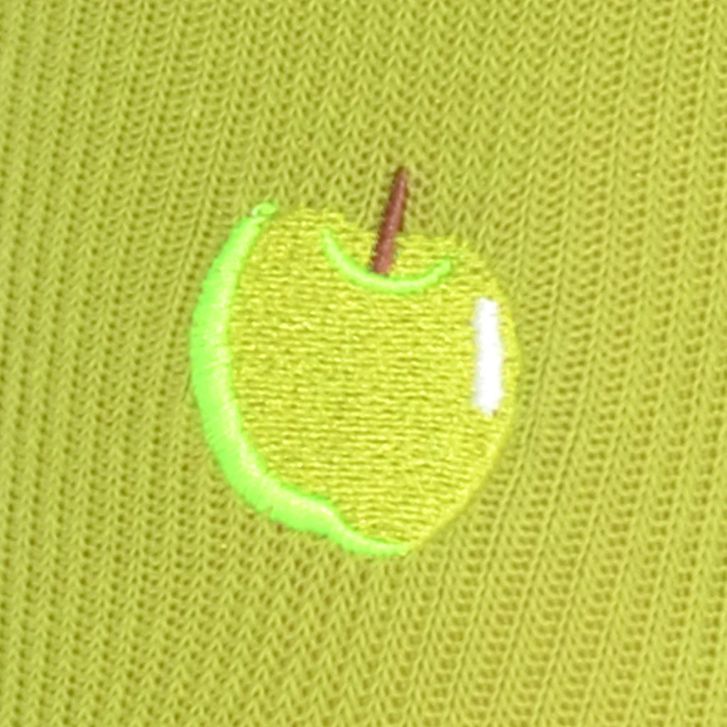 Green embroidered apple patch on a green fabric background