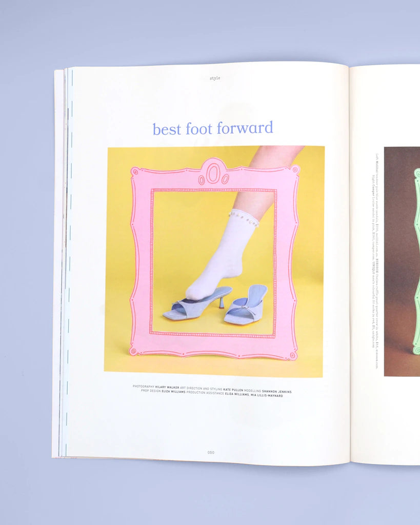 frankie magazine open to its best foot forward spread, with a white Chelsea ruffle pearl sock and blue heels in a pink painted frame