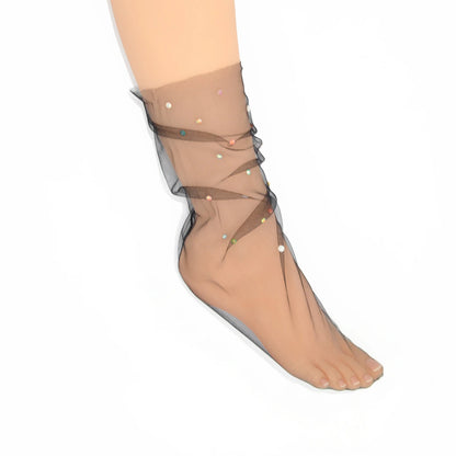 Yasmin Diamanté Tulle Mesh Sock - Black