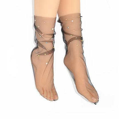 Yasmin Diamanté Tulle Mesh Sock - Black