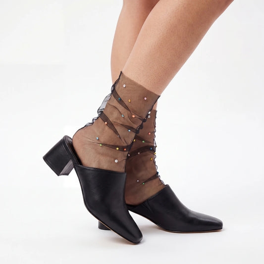 Yasmin Diamanté Tulle Mesh Sock - Black