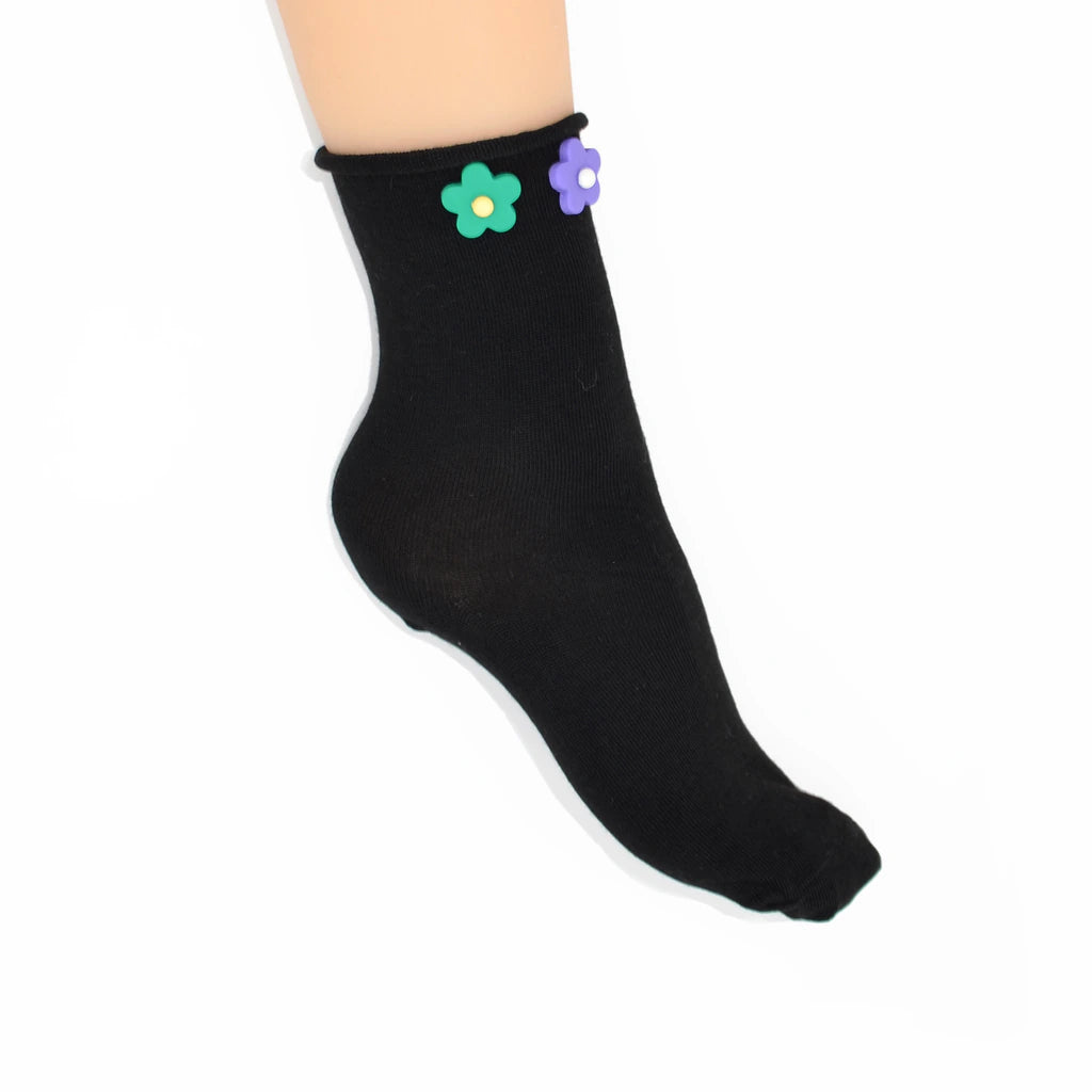 Penny 3D Daisy Embellished Ankle Sock - Black