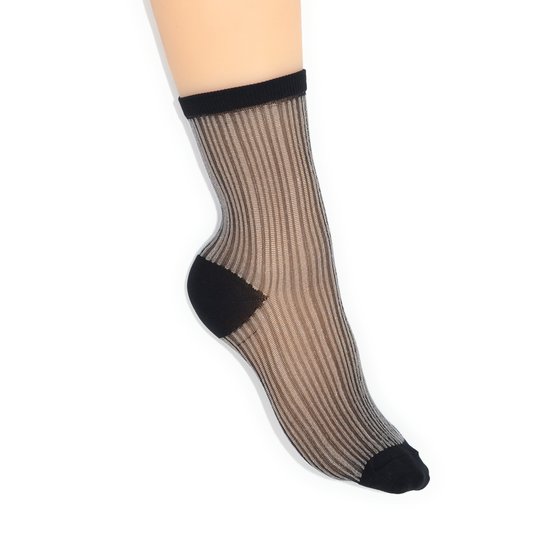 Semi Sheer Lines Quarter Crew Socks - Black