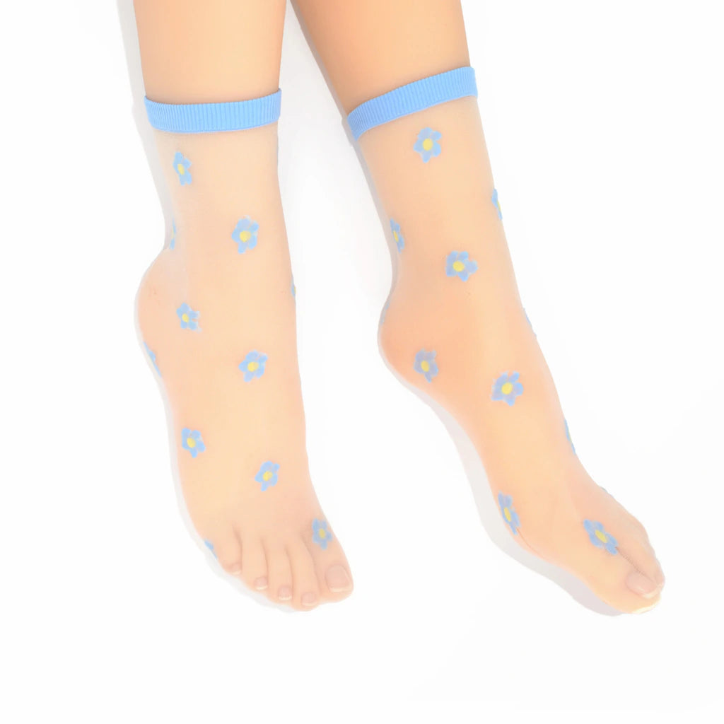 Isla Sheer Daisy Ankle Sock - Blue