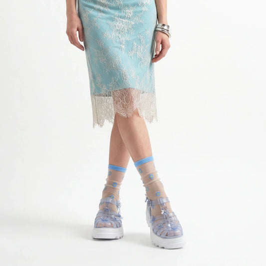 Isla Sheer Daisy Ankle Sock - Blue