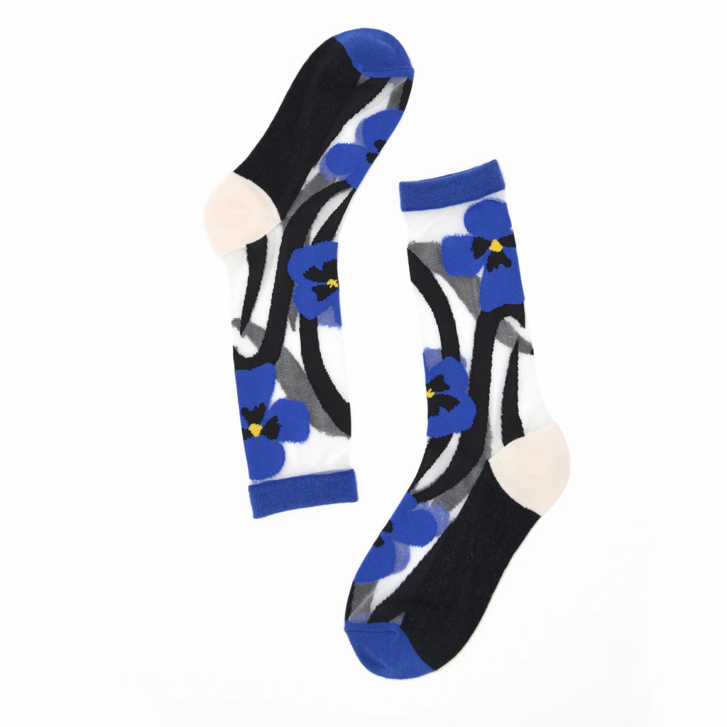 Pair of socks with blue floral patterns on a white background