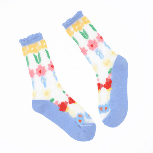 Colorful floral socks with blue accents on a white background