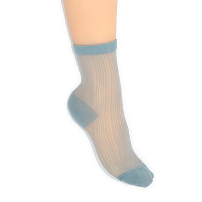 Sheer socks with light blue top and bottom on a white background