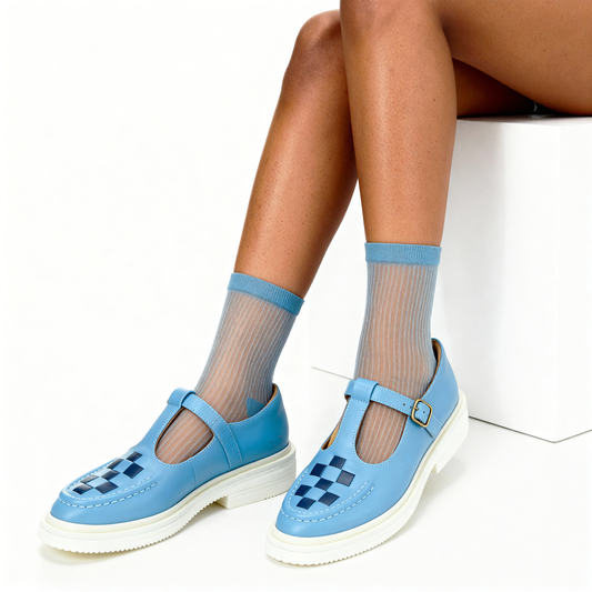 Semi Sheer Lines Quarter Crew Socks - Blue