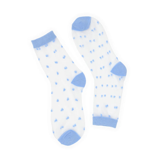 Blue socks with blue polka dots and cuffs on a white background