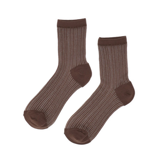 Pair of brown socks with striped pattern on a white background