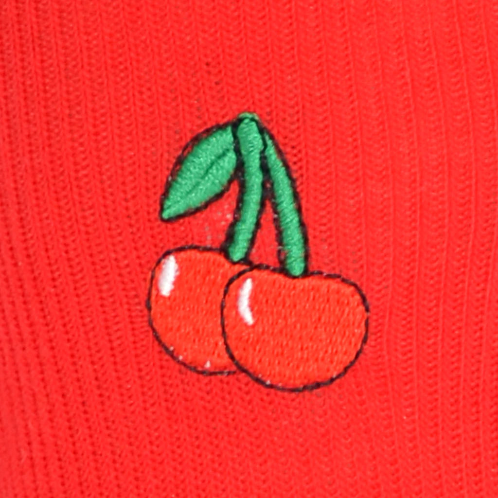 Embroidered cherries on a red fabric background