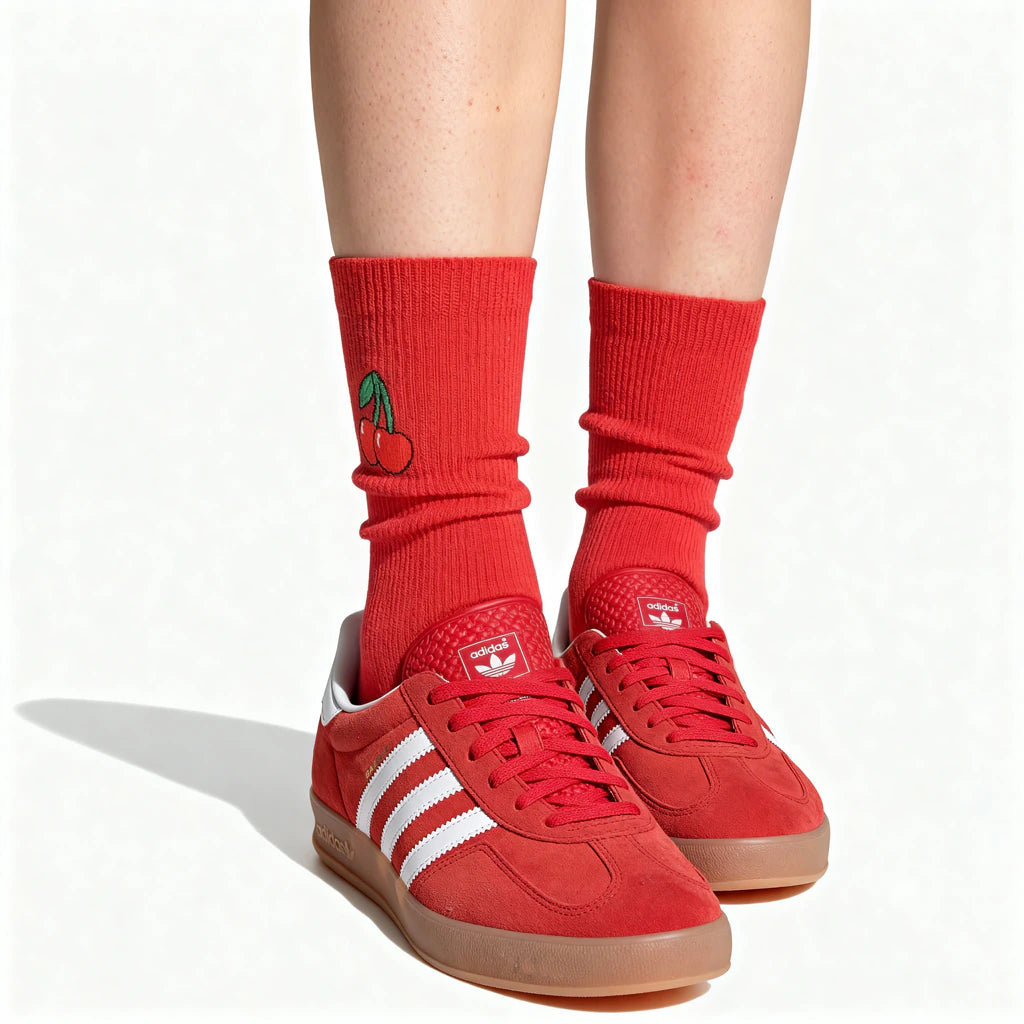 Red sneakers with white stripes worn with red socks featuring a cherry design on a white background