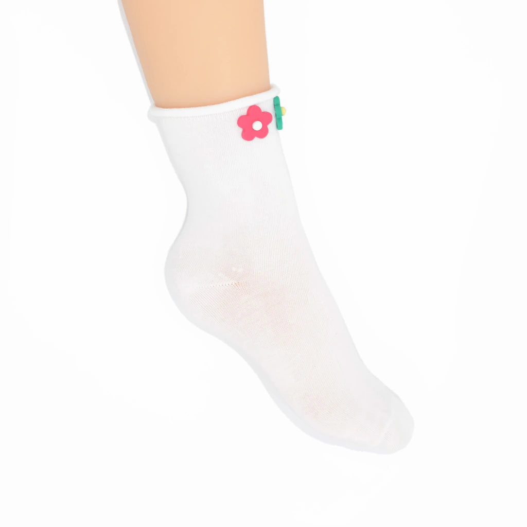 White sock with a colorful flower design on a white background