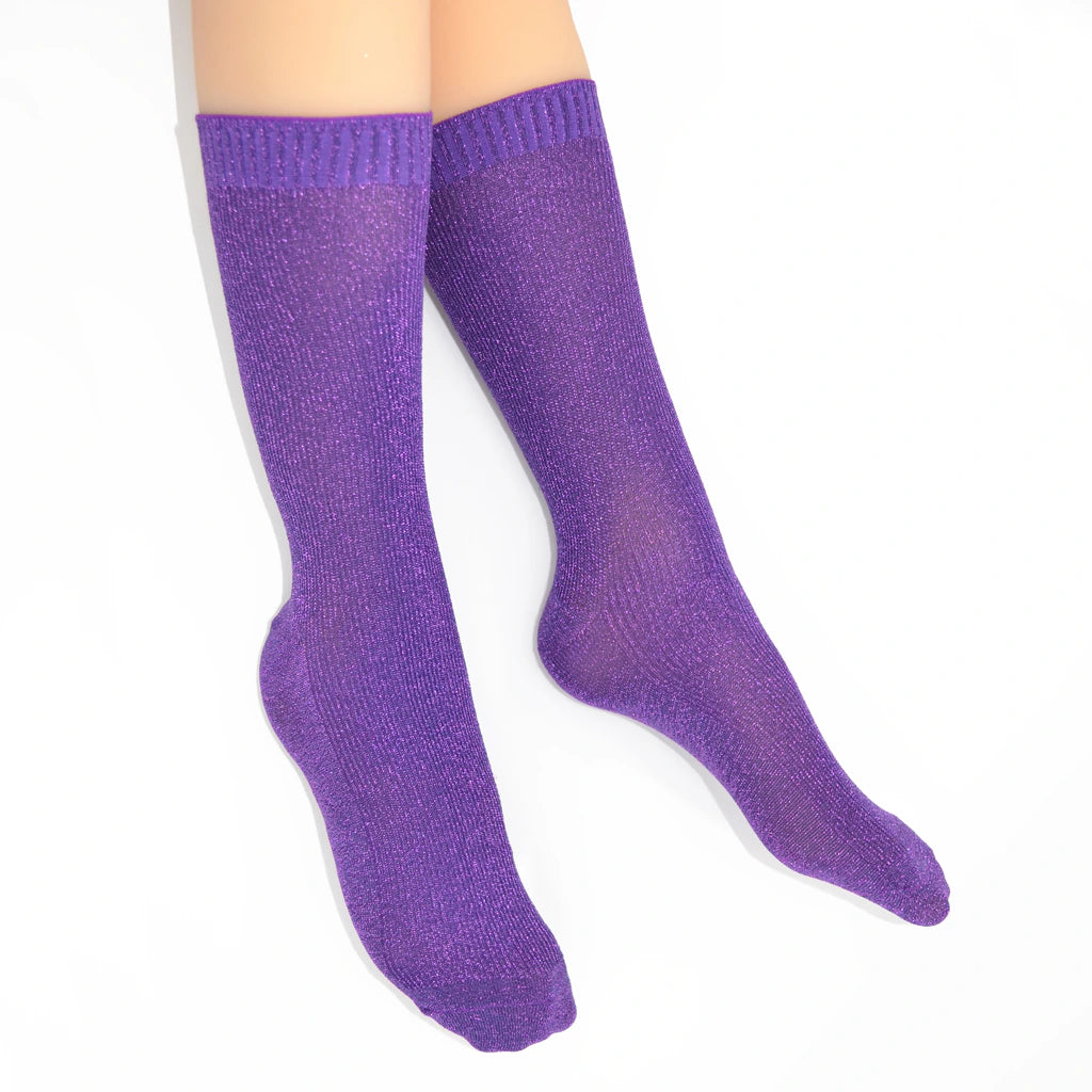 Purple crew socks on a white background