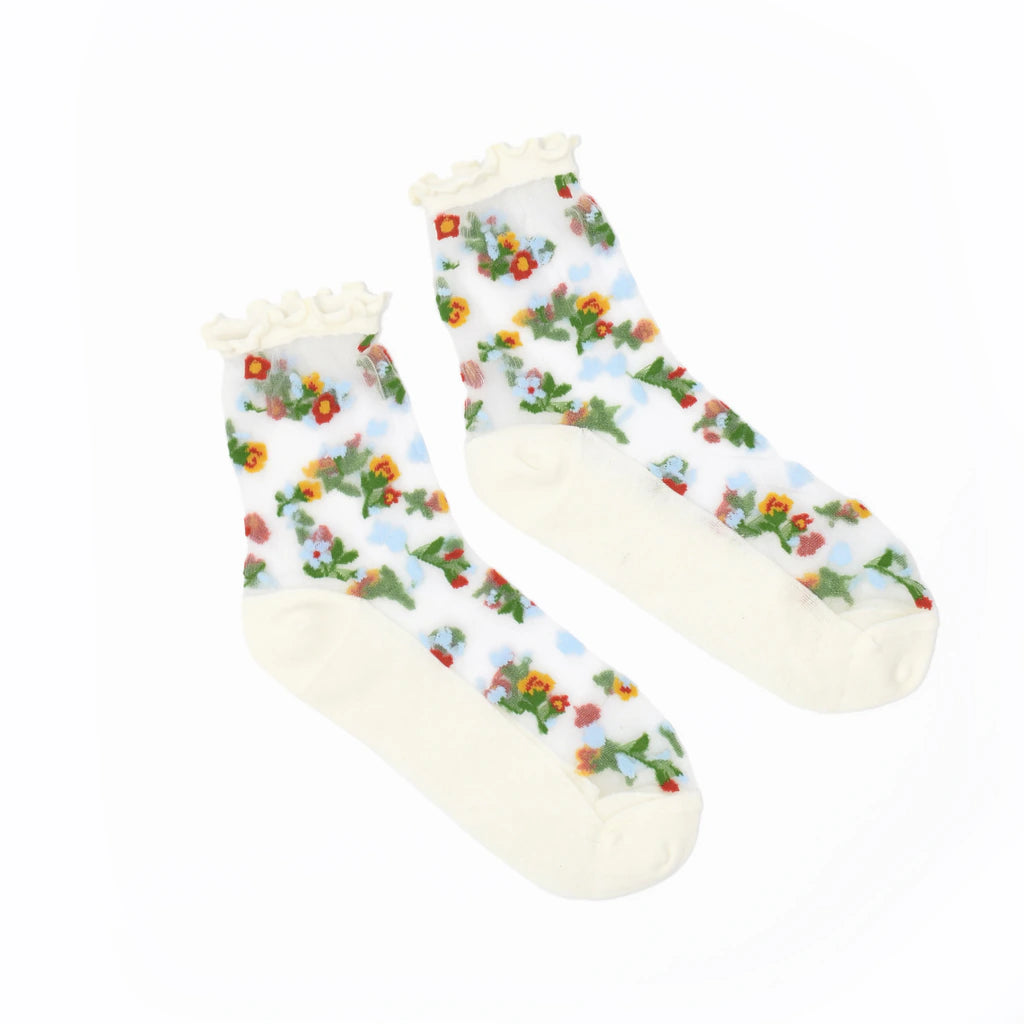 Pair of socks with floral pattern on a white background