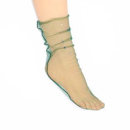 Yasmin Diamanté Tulle Mesh Sock - Emerald