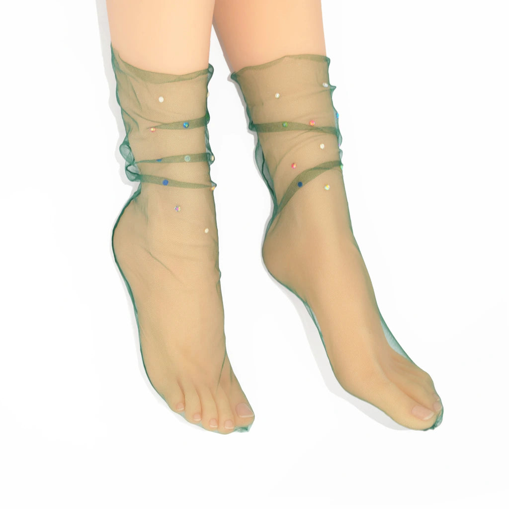 Yasmin Diamanté Tulle Mesh Sock - Emerald