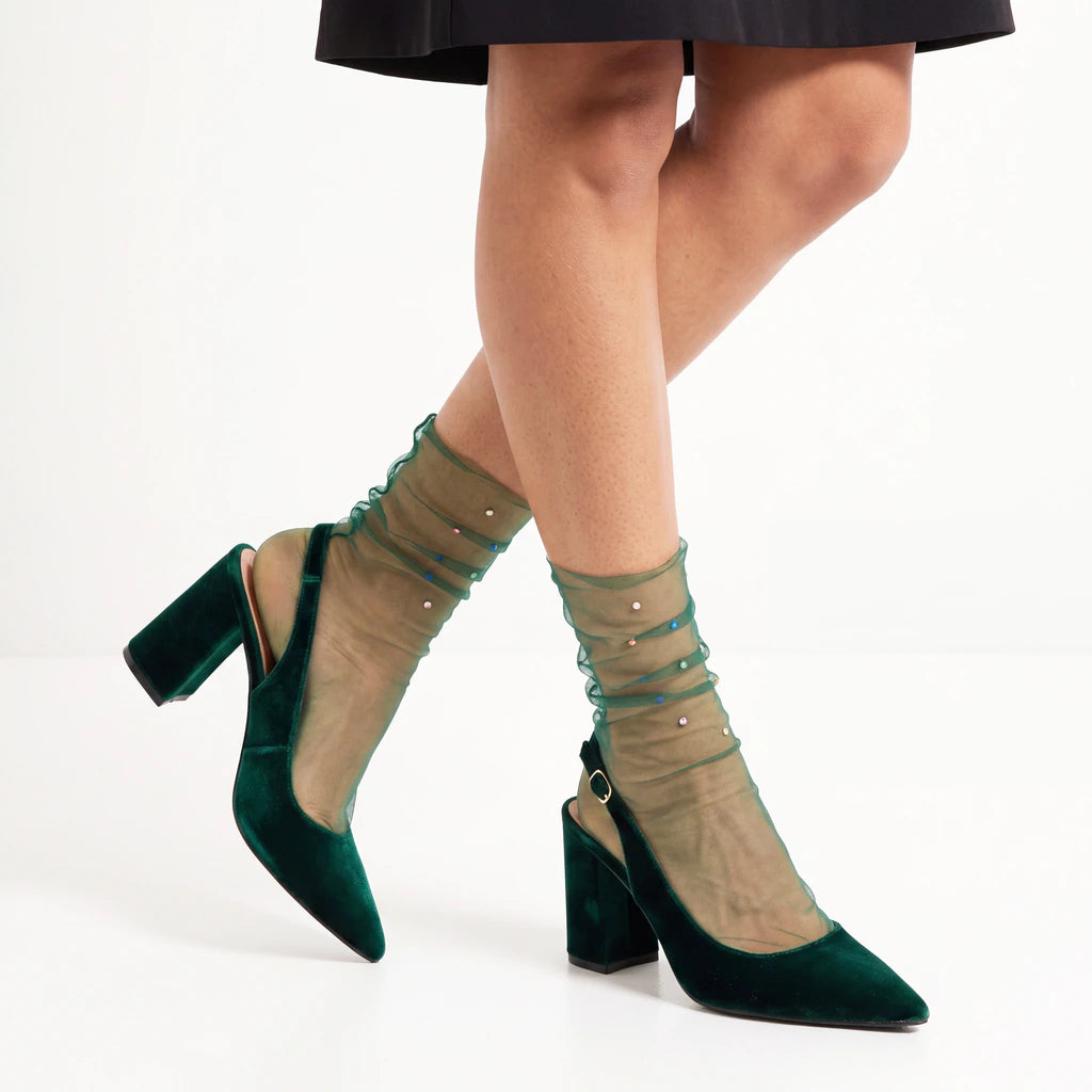 Yasmin Diamanté Tulle Mesh Sock - Emerald