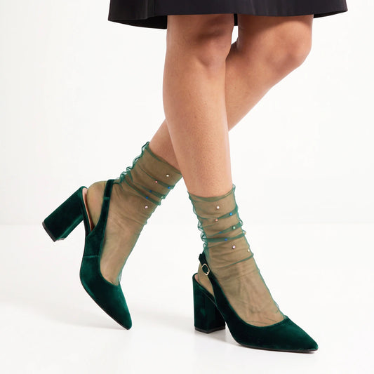 Yasmin Diamanté Tulle Mesh Sock - Emerald
