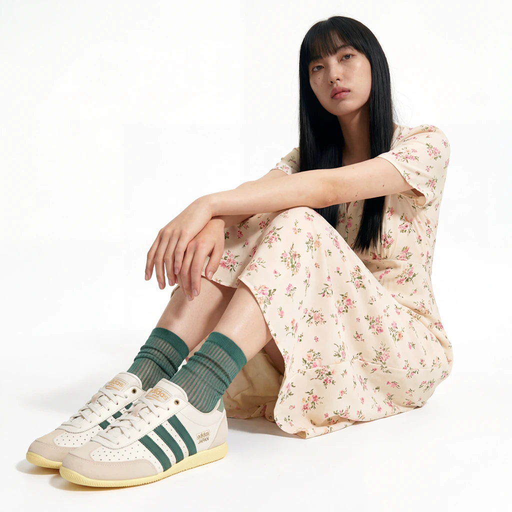 Woman wearing a floral dress and Adidas sneakers sitting on the floor.