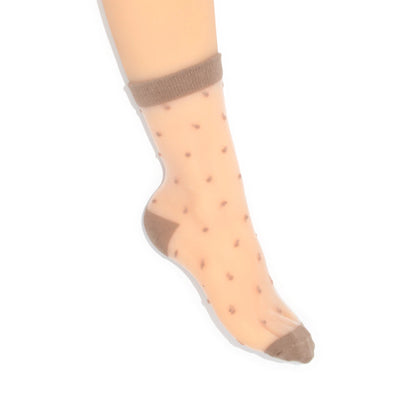 Sheer beige sock with brown toes and cuffs on a white background