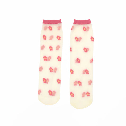 Isla sheer daisy ankle socks in fuchsia pink on cream mesh base