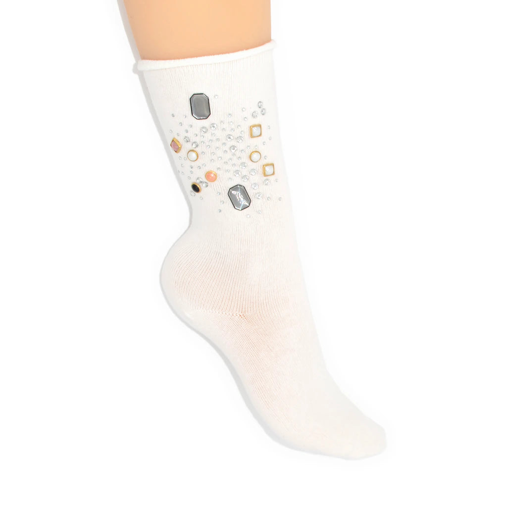 White sock with decorative stones on a white background
