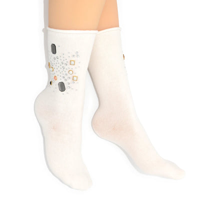 White ankle sock with gray and orange pattern on a white background