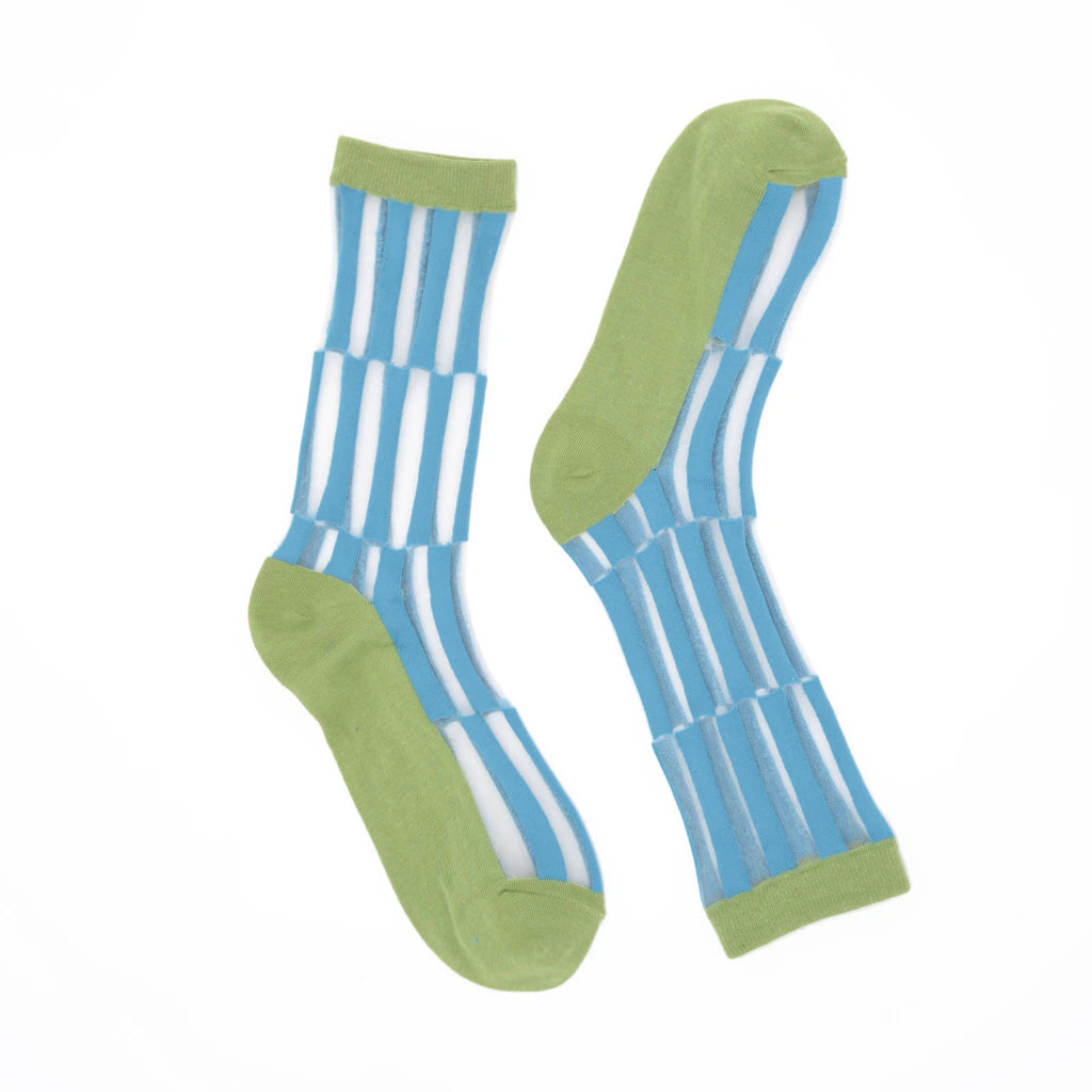 Pair of socks with blue and white striped pattern and green accents on a white background