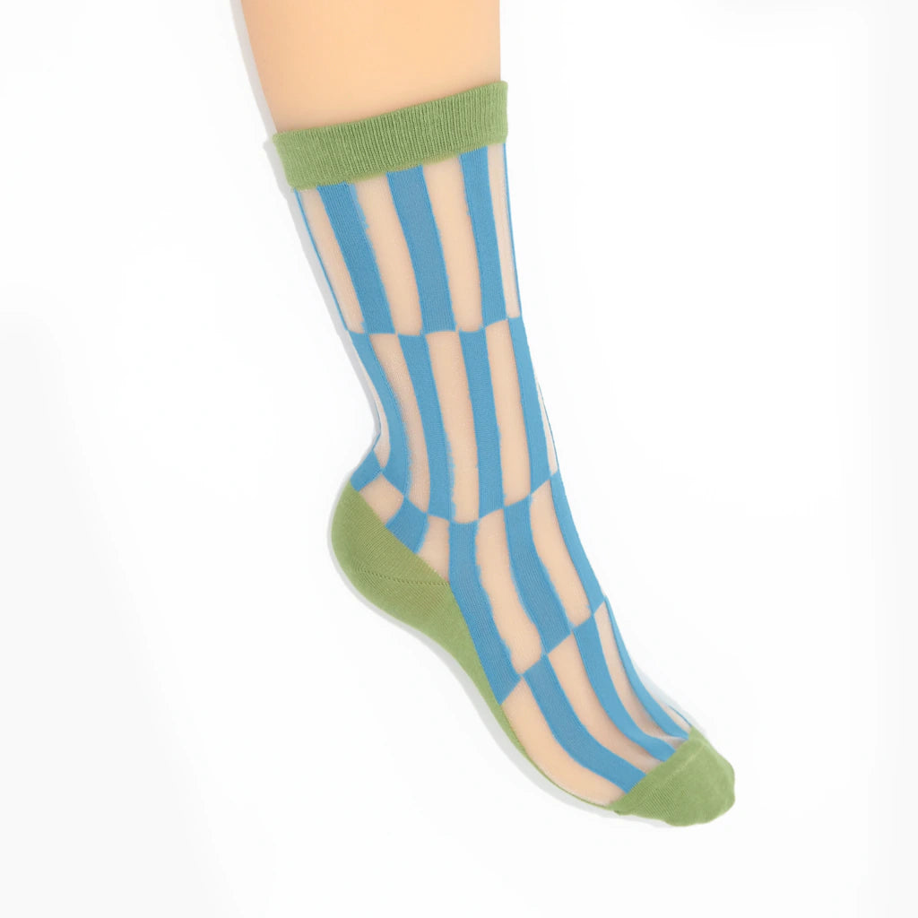 Checkered socks with blue and beige stripes and green cuffs and toes on a white background
