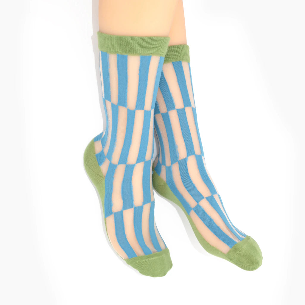 Striped socks with blue and beige pattern on a white background