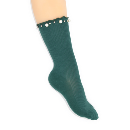 Lettuce Ruffle & Pearl Quarter Crew Socks - Green