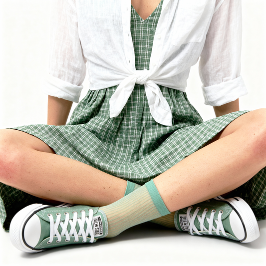 Semi Sheer Lines Quarter Crew Socks - Green