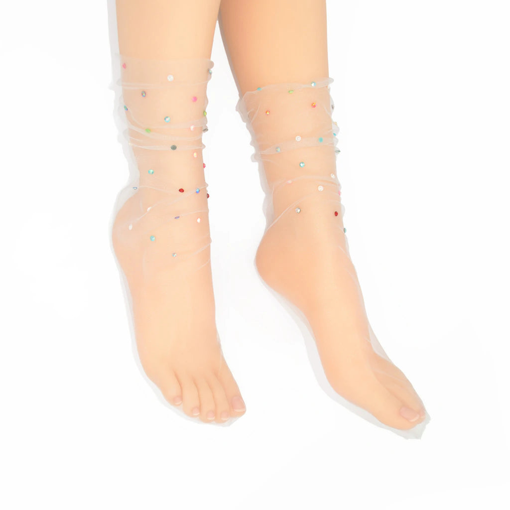 Yasmin Diamanté Tulle Mesh Sock - Grey
