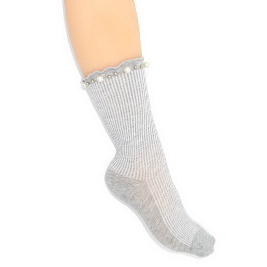 Lettuce Ruffle & Pearl Quarter Crew Socks - Grey