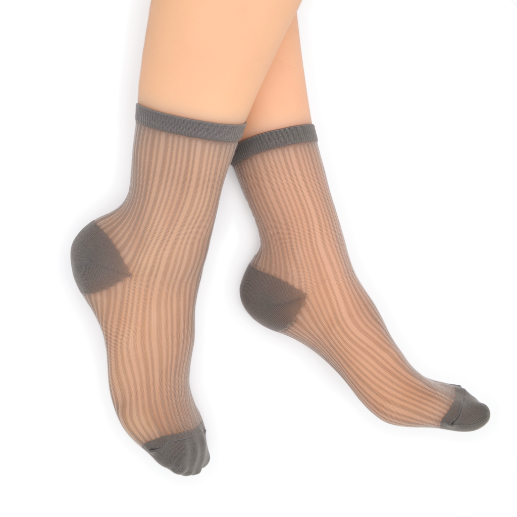 Semi Sheer Lines Quarter Crew Socks - Grey