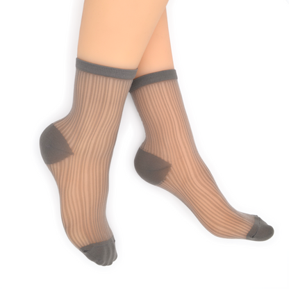 Semi Sheer Lines Quarter Crew Socks - Grey