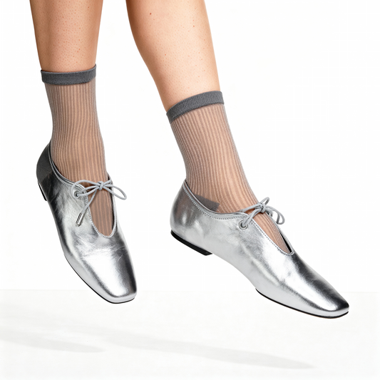 Semi Sheer Lines Quarter Crew Socks - Grey