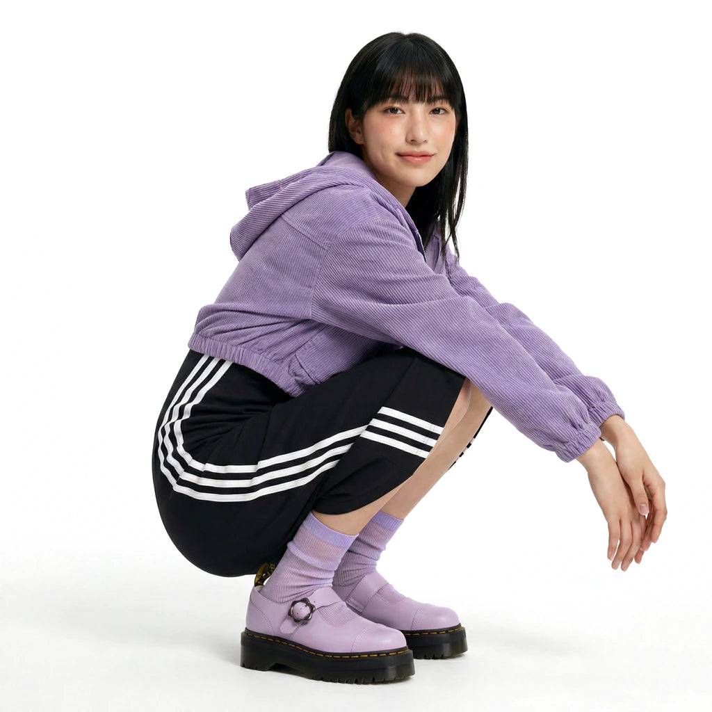 Model wearing a lilac crop hoodie and black adidas dress crouching on the ground