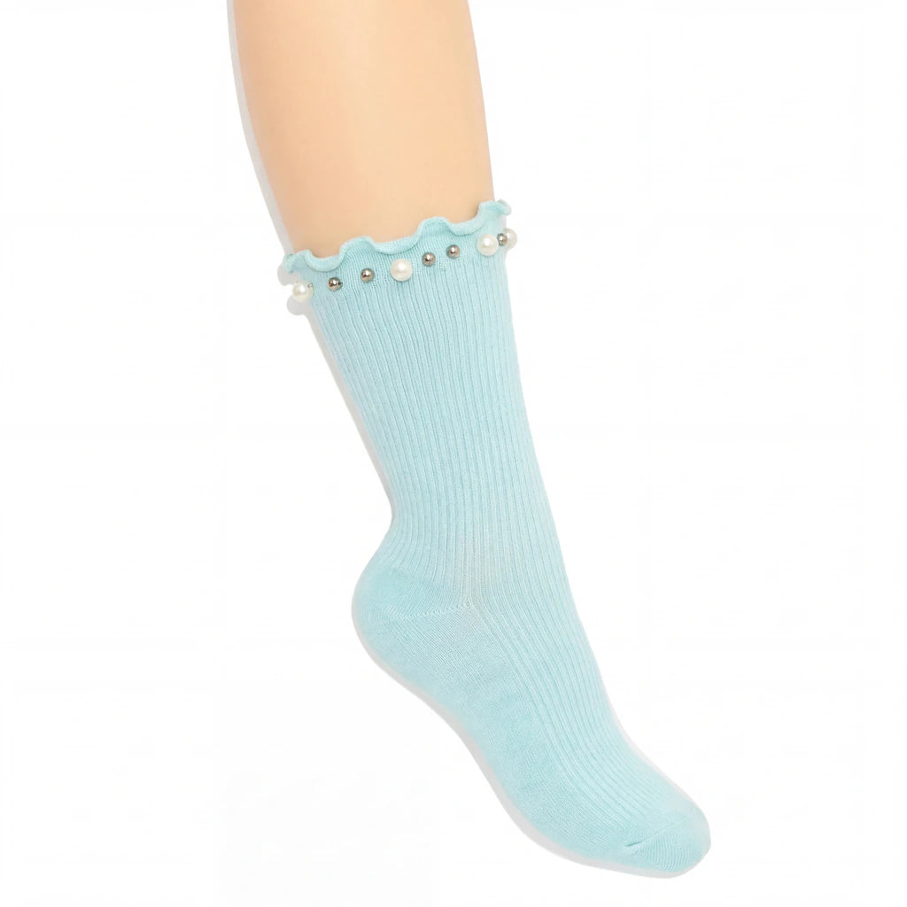 Light blue sock with pearl embellishments against a white background