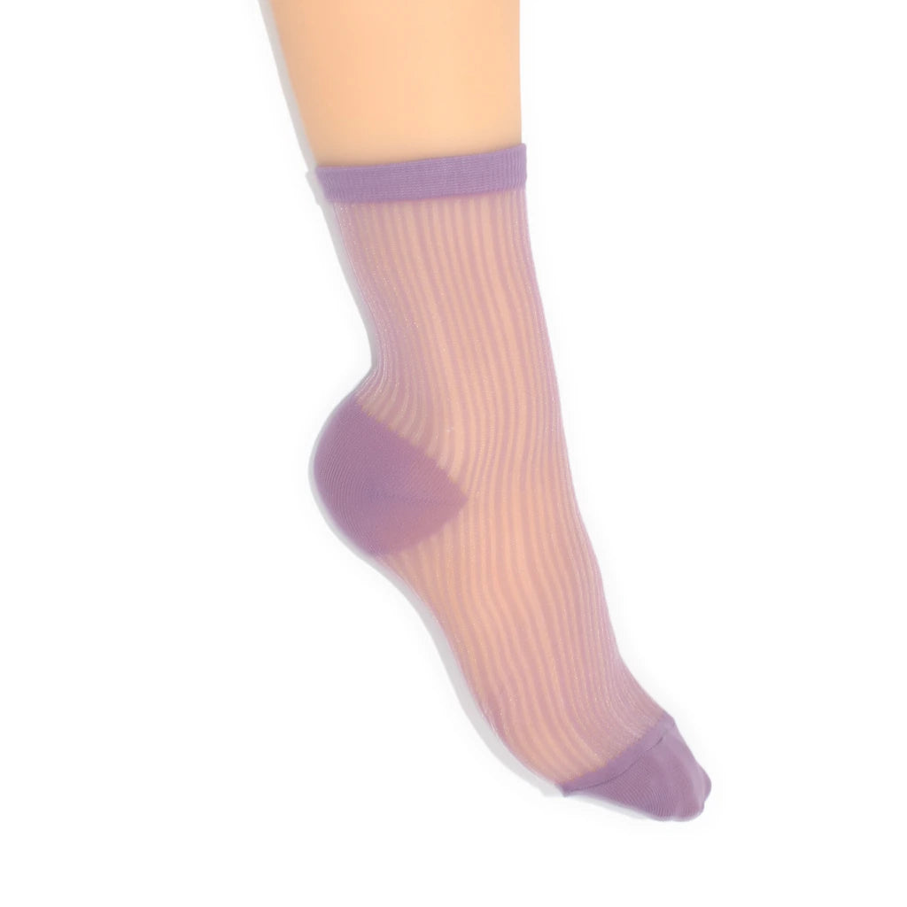 Sheer socks with purple accents on a white background