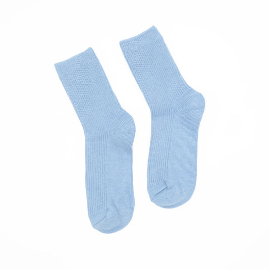 A pair of light blue ribbed crew socks displayed flat against a solid white background.