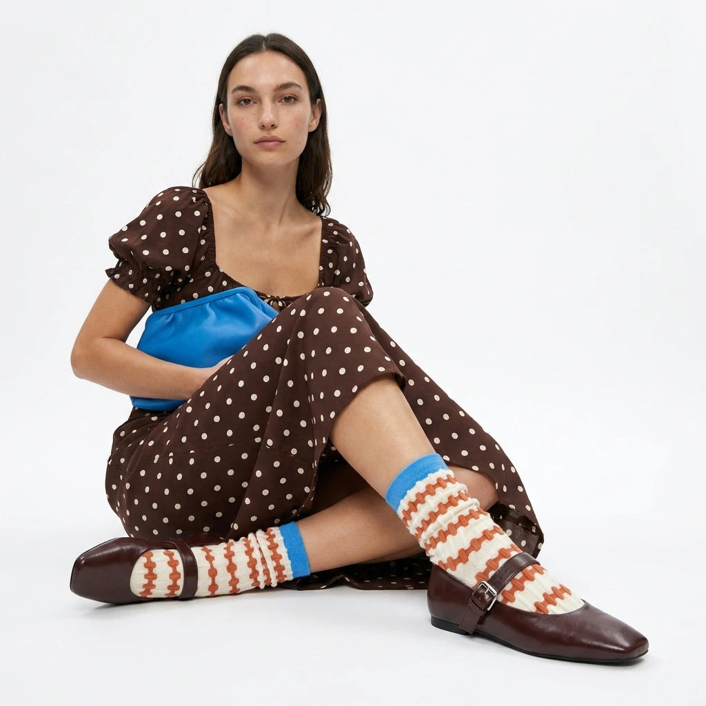 Stella Origami Stripe Crew Sock - Blue & Chocolate Mix