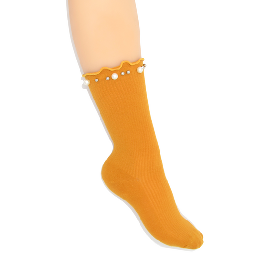 Lettuce Ruffle & Pearl Quarter Crew Socks - Yellow