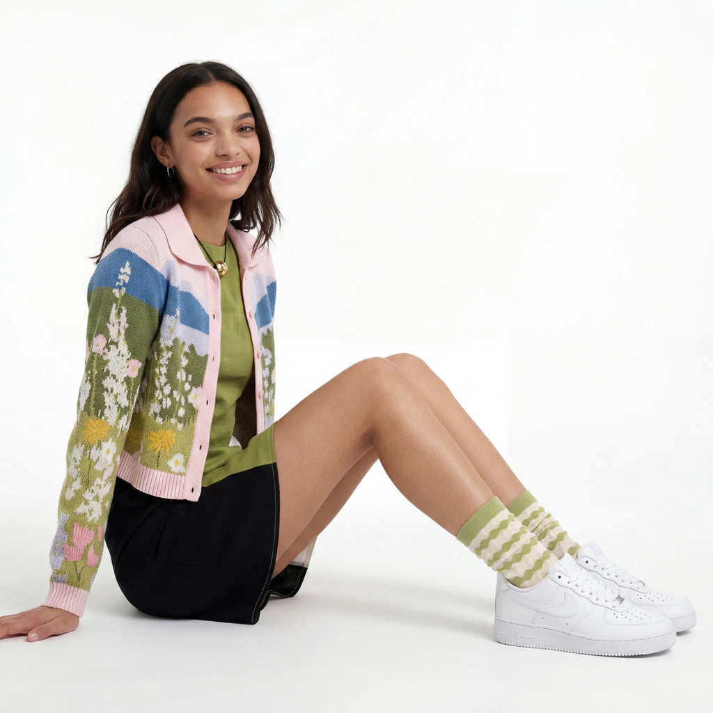 Stella Origami Stripe Crew Sock - Olive Green