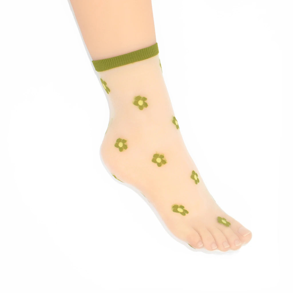 Isla Sheer Daisy Ankle Sock - Green