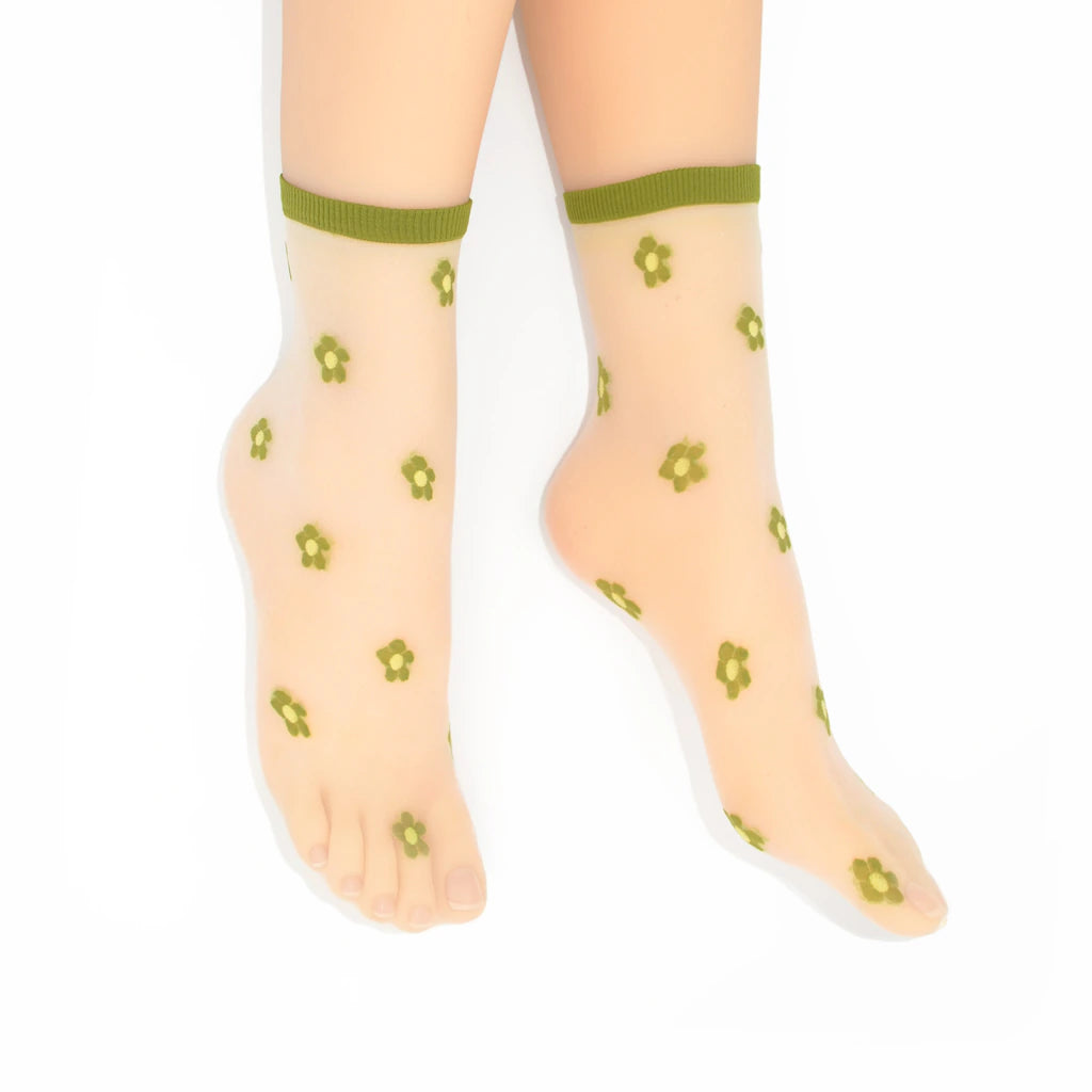 Isla Sheer Daisy Ankle Sock - Green